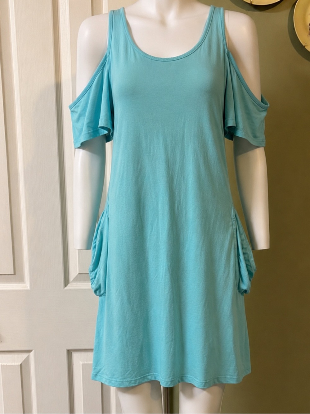 Aqua Cold Shoulder Dress With Pockets